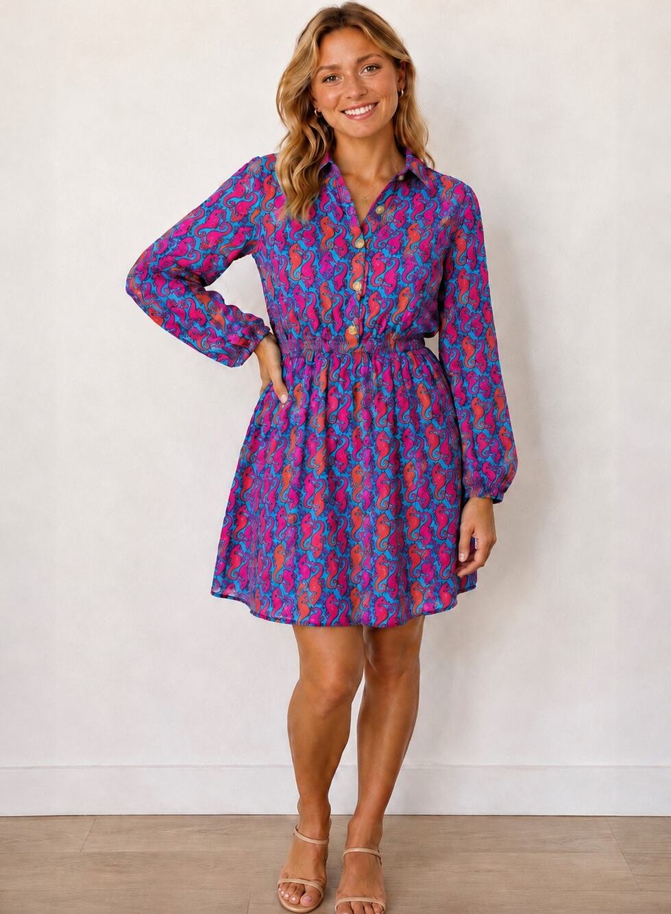Lilly Pulitzer Seahorse Shirt Dress Size 4 Pink Blue 100% Cotton Coastal Preppy